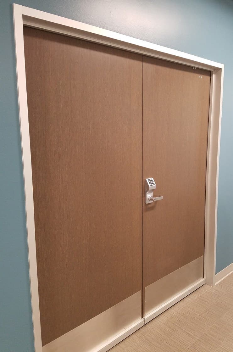 Phoenix fire-rated aluminum frame with a pair of wood doors